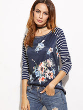 Load image into Gallery viewer, Navy Striped Raglan Sleeve Floral Print T-shirt