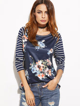 Load image into Gallery viewer, Navy Striped Raglan Sleeve Floral Print T-shirt