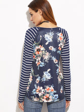 Load image into Gallery viewer, Navy Striped Raglan Sleeve Floral Print T-shirt