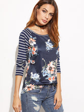Load image into Gallery viewer, Navy Striped Raglan Sleeve Floral Print T-shirt