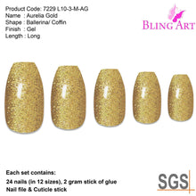 Load image into Gallery viewer, False Nails by Bling Art Gold Gel Ballerina Coffin