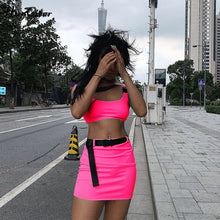 Load image into Gallery viewer, Hugcitar buckle band camis skrit 2 two piece set - summer women fashion belt patchwork neon green streetwear sets
