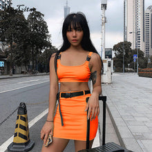 Load image into Gallery viewer, Hugcitar buckle band camis skrit 2 two piece set - summer women fashion belt patchwork neon green streetwear sets
