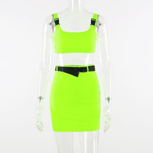 Load image into Gallery viewer, Hugcitar buckle band camis skrit 2 two piece set - summer women fashion belt patchwork neon green streetwear sets