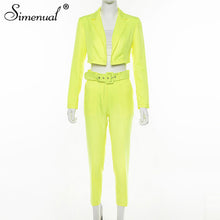 Load image into Gallery viewer, Simenual Neon Fashion Women's Suit Slim Sashes Cropped Blazer And Pants Outfits Casual Autumn 2019 Ladies Suits Set 2 Pieces New
