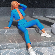 Load image into Gallery viewer, Simenual Neon Fashion Women's Suit Slim Sashes Cropped Blazer And Pants Outfits Casual Autumn 2019 Ladies Suits Set 2 Pieces New