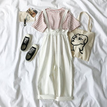 Load image into Gallery viewer, 2 piece set women Summer Pants Set Women Striped T-shirt + Fashion Overall White Khaki Pants Outfits For Women Casual plus size