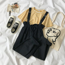 Load image into Gallery viewer, 2 piece set women Summer Pants Set Women Striped T-shirt + Fashion Overall White Khaki Pants Outfits For Women Casual plus size