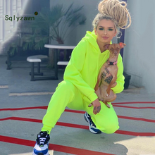 Load image into Gallery viewer, Neon Green Solid Tracksuit Women Set Casual Outfit Cute Two Pieces Set Pants Suit Long Sleeve Clothing Set Streetwear Femme