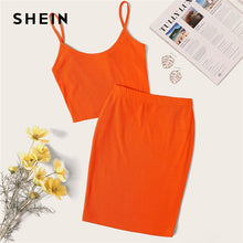 Load image into Gallery viewer, SHEIN Neon Rib-Knit Crop Cami Top And Skinny Skirt Set Sexy Solid Sleeveless 2 Piece Set Spaghetti Strap Women Set