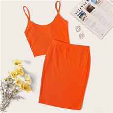 Load image into Gallery viewer, SHEIN Neon Rib-Knit Crop Cami Top And Skinny Skirt Set Sexy Solid Sleeveless 2 Piece Set Spaghetti Strap Women Set