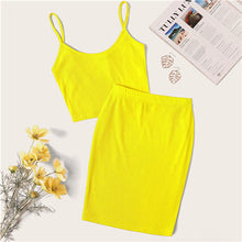 Load image into Gallery viewer, SHEIN Neon Rib-Knit Crop Cami Top And Skinny Skirt Set Sexy Solid Sleeveless 2 Piece Set Spaghetti Strap Women Set