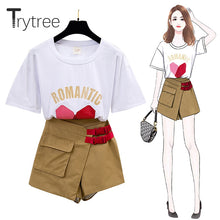 Load image into Gallery viewer, Trytree Summer Women two piece Set Casual Cotton O-Neck Cartoon Print Tops + Shorts Pocket Buckle Fashion Suit Set 2 Piece Set
