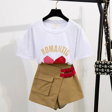 Load image into Gallery viewer, Trytree Summer Women two piece Set Casual Cotton O-Neck Cartoon Print Tops + Shorts Pocket Buckle Fashion Suit Set 2 Piece Set