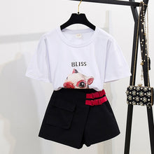 Load image into Gallery viewer, Trytree Summer Women two piece Set Casual Cotton O-Neck Cartoon Print Tops + Shorts Pocket Buckle Fashion Suit Set 2 Piece Set
