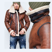 Load image into Gallery viewer, NEW Fashion Men Winter Tops Long Sleeve Fur Belt Faux Leather Jacket Highneck Shearling Coat Wool Lining Bomber Jacket Men DB028