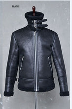 Load image into Gallery viewer, NEW Fashion Men Winter Tops Long Sleeve Fur Belt Faux Leather Jacket Highneck Shearling Coat Wool Lining Bomber Jacket Men DB028