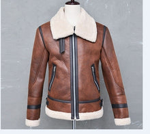 Load image into Gallery viewer, NEW Fashion Men Winter Tops Long Sleeve Fur Belt Faux Leather Jacket Highneck Shearling Coat Wool Lining Bomber Jacket Men DB028