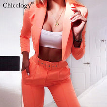 Load image into Gallery viewer, Chicology crop blazer top belt high waist pant 2019 summer sexy 2 piece co ord set office women suit neon lady business clothing