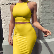 Load image into Gallery viewer, ANJAMANOR Crop Top and Skirt Two Pieces Dress Set Yellow Club Summer Outfit Sexy Clothes for Women Matching Sets D53-AZ17