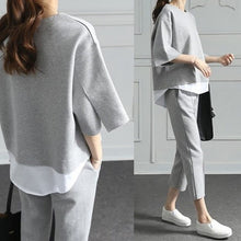 Load image into Gallery viewer, Casual O-Neck Fake Two Pieces Top 3/4-Length Pants Two-piece Sets Loose Splits Sleeve Cotton Suits