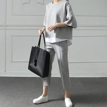 Load image into Gallery viewer, Casual O-Neck Fake Two Pieces Top 3/4-Length Pants Two-piece Sets Loose Splits Sleeve Cotton Suits