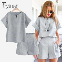 Load image into Gallery viewer, Trytree summer Autumn Women two piece set Casual Polyester tops + short Soild Female Office plus size Suit Set Short Sleeve Sets