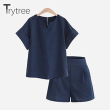 Load image into Gallery viewer, Trytree summer Autumn Women two piece set Casual Polyester tops + short Soild Female Office plus size Suit Set Short Sleeve Sets