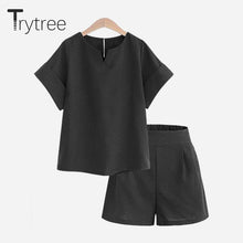 Load image into Gallery viewer, Trytree summer Autumn Women two piece set Casual Polyester tops + short Soild Female Office plus size Suit Set Short Sleeve Sets