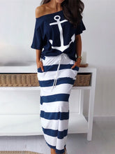 Load image into Gallery viewer, 2019 Summer Plus Size Elegant Vacation Leisure Two-pieces Suit Sets Ladies Boat Anchor Print T-Shirt &amp; Striped Maxi Skirt Sets