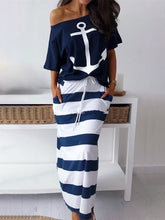 Load image into Gallery viewer, 2019 Summer Plus Size Elegant Vacation Leisure Two-pieces Suit Sets Ladies Boat Anchor Print T-Shirt &amp; Striped Maxi Skirt Sets