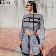 Load image into Gallery viewer, Kliou 2018 new arrival women Reflective two pieces sets Silver pactwork ctop top sweatshirts elastic drawstring pants tracksuits