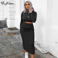 Load image into Gallery viewer, Hugcitar high neck long sleeve crop tops skirt 2 two pieces set 2019 autumn winter women fashion streetwear solid tracksuits