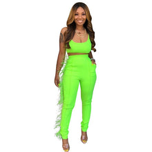 Load image into Gallery viewer, Neon Green Feather Spliced Two Piece Set Women Spaghetti Strap Backless Crop Top And  Bodycon Pants Sweatsuits 2Pcs Club Outfits