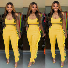 Load image into Gallery viewer, Neon Green Feather Spliced Two Piece Set Women Spaghetti Strap Backless Crop Top And  Bodycon Pants Sweatsuits 2Pcs Club Outfits