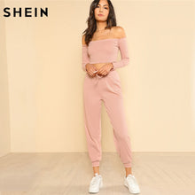 Load image into Gallery viewer, SHEIN Women 2 Piece Set Top and Pants Casual Woman Set Off the Shoulder Crop Bardot Top and Drawstring Pants Set