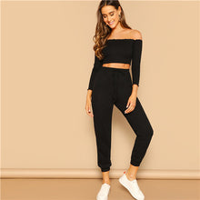 Load image into Gallery viewer, SHEIN Women 2 Piece Set Top and Pants Casual Woman Set Off the Shoulder Crop Bardot Top and Drawstring Pants Set
