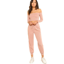 Load image into Gallery viewer, SHEIN Women 2 Piece Set Top and Pants Casual Woman Set Off the Shoulder Crop Bardot Top and Drawstring Pants Set