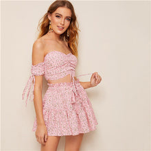 Load image into Gallery viewer, SHEIN Boho Ruched Front Shirred Crop Top And Ditsy Floral Skirt Set Women Two Piece Outfits Summer Sexy Beach Matching Sets