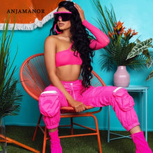 Load image into Gallery viewer, ANJAMANOR Two Piece Set Mesh One Shoulder Long Sleeve Crop Top Cargo Pants Streetwear Outfits Tracksuit Matching Sets D58-AE86
