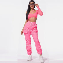 Load image into Gallery viewer, ANJAMANOR Two Piece Set Mesh One Shoulder Long Sleeve Crop Top Cargo Pants Streetwear Outfits Tracksuit Matching Sets D58-AE86