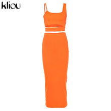 Load image into Gallery viewer, Kliou women solid color strapless hollow out crop top high waist elastic skinny long skirts two pieces set female fashion outfit