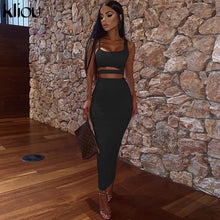 Load image into Gallery viewer, Kliou women solid color strapless hollow out crop top high waist elastic skinny long skirts two pieces set female fashion outfit