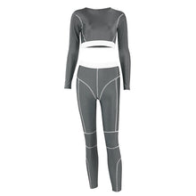 Load image into Gallery viewer, Women's Long Sleeved T-shirt Trousers Line Yoga Sports Suit 2pcs Ladies Winter Sportwear Gray