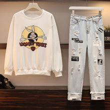 Load image into Gallery viewer, Fashion Winter Autumn Women Set Cartoon Print Sweatshirt and Hole Denim Pants Suit Womens Plus Size Casual Tracksuits Xl-5Xl