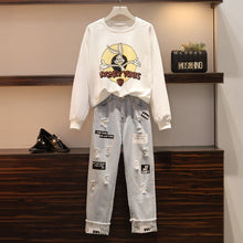 Load image into Gallery viewer, Fashion Winter Autumn Women Set Cartoon Print Sweatshirt and Hole Denim Pants Suit Womens Plus Size Casual Tracksuits Xl-5Xl