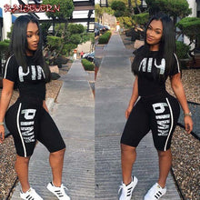 Load image into Gallery viewer, RAISEVERN Pink Letter Print 2 Piece Set Women Summer Two Piece Tracksuit Short Sleeve Top and Knee Length Shorts Casual Outfit