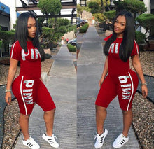 Load image into Gallery viewer, RAISEVERN Pink Letter Print 2 Piece Set Women Summer Two Piece Tracksuit Short Sleeve Top and Knee Length Shorts Casual Outfit