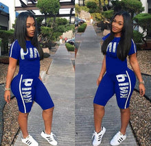 Load image into Gallery viewer, RAISEVERN Pink Letter Print 2 Piece Set Women Summer Two Piece Tracksuit Short Sleeve Top and Knee Length Shorts Casual Outfit