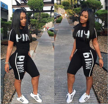Load image into Gallery viewer, RAISEVERN Pink Letter Print 2 Piece Set Women Summer Two Piece Tracksuit Short Sleeve Top and Knee Length Shorts Casual Outfit